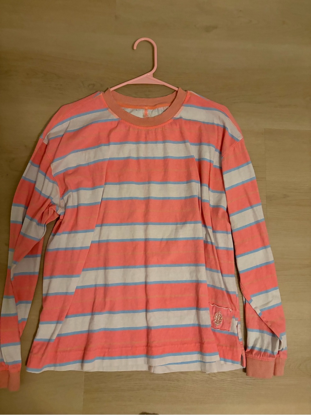 Free People Coral and White Striped Long-Sleeve Tee with Light Blue Accents